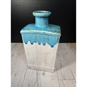 *Vintage Studio Pottery Vase Turquoise Drip Glaze White Crackle Square Modernist